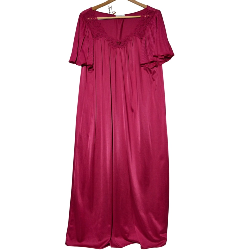 Miss Elaine Nightgown Womens Vintage Lace Pleated Sleeve Maxi Large Magenta USA